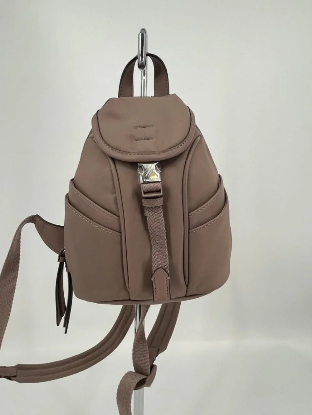 Calvin Klein Shay Mini Backpack Taupe Nylon Zip Buckle Front Pockets Adjustable